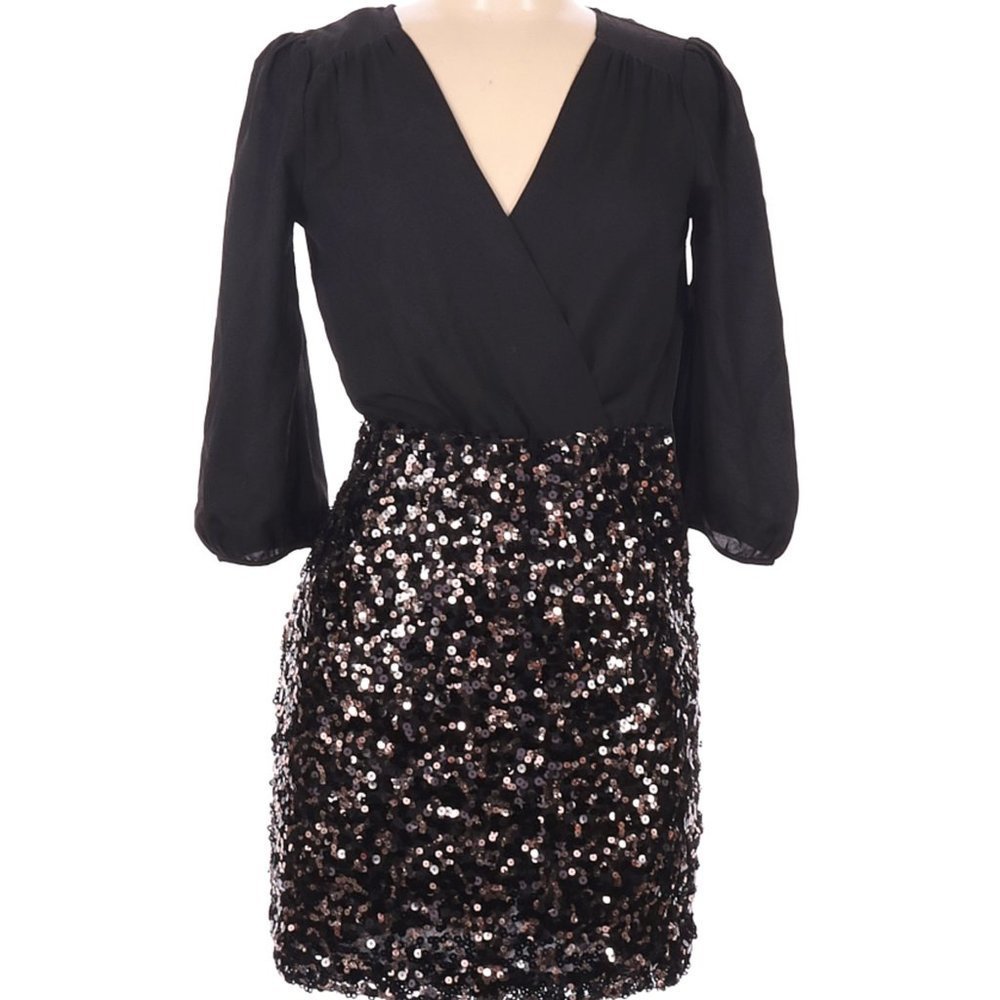 Ark & Co Black Gold Sequin Pencil 3/4 Sleeve Dress